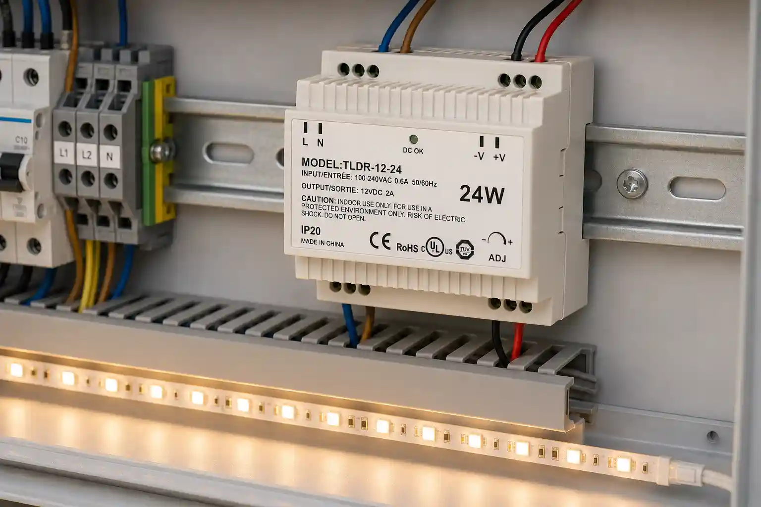 Výkon a doporučené zatížení LED zdroje na DIN lištu 12V 24W derating křivka pro LED pásky